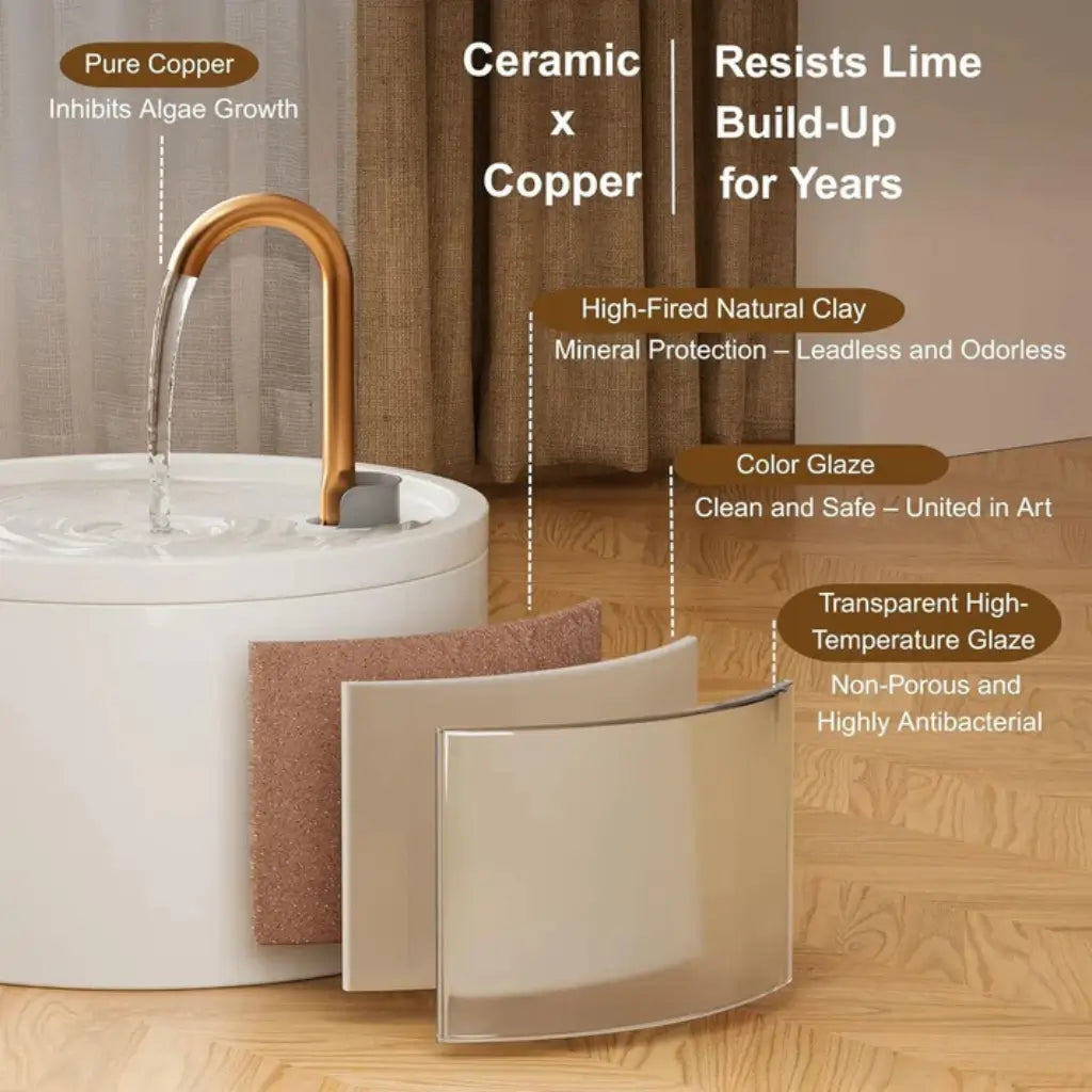 white ceramic cat fountain with a internal compositions graphic